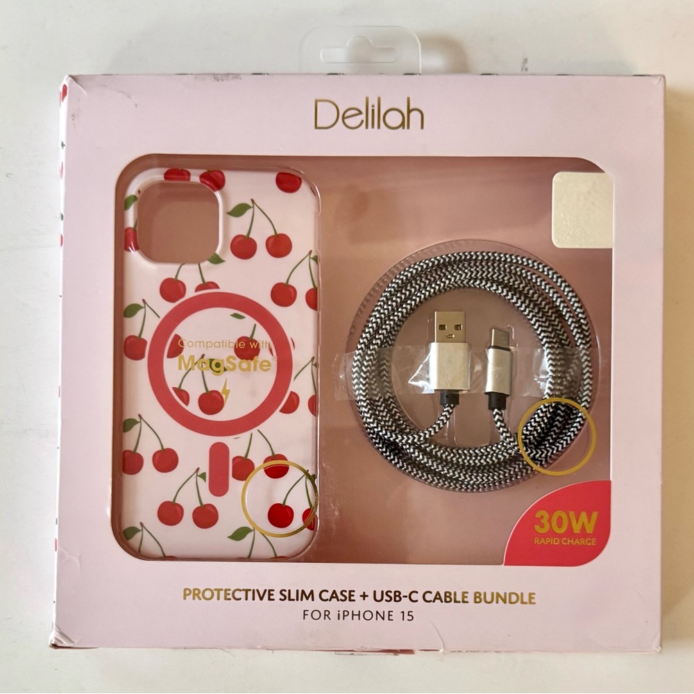 Delilah cherry Protective Slim Case+USB-C Cable Bundle iPhone15 (NOT ORIG CABLE)